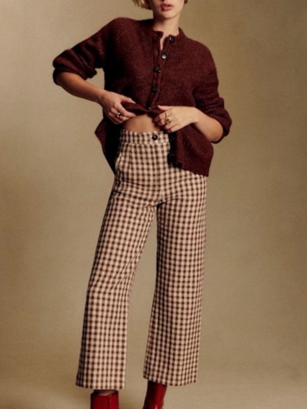 Sezane Martin Crop Trousers Brown Gingham/ Ecru - Size 6